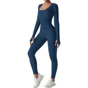 AURUZA Jumpsuits for Women Long Sleeve One Piece Jumpsuit for Women Workout Seamless Jumpsuits Exercise Tummy Control Rompers (Small, Navy Blue)