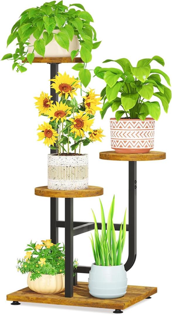 LASZOLA Plant Stand Shelf Tall for Indoor Corner, 3 Tier Wood Brown | Modern Multiple Flower Display Rack with Wooden Tray, Metal Vertical Planter Holder for Living Room Bedroom Patio Garden