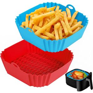 Boribim 2 PCS Square Silicone Air Fryer Liners - 8 Inch Reusable Air Fryer Pot - Air Fryer Accessories - Air Fryer Inserts for 4 to 7 QT Oven Microwave Accessories (Red + Blue)