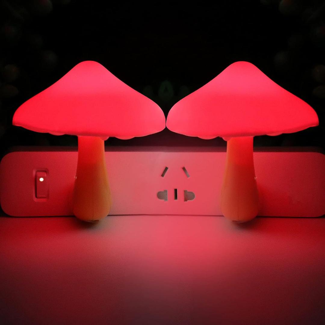 2 Pcs LED Night Light Plug in Nightlight Wall Lamp, Mushroom Night Light Mini Magic Night Lights for Adults Kids Bedroom, Bathroom,Toilet,Stairs,Kitchen,Hallway Red Led Light, 2 pack