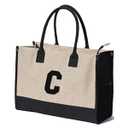 ESVAN Personalized Gifts Canvas Tote Linen Bags Handbags Top Zipper Closure Initial Retro Utility Tote