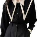 SweatyRocks Women's Long Sleeve Pointed Collar Button Down Shirts Dressy Casual Blouses (Medium, Black)