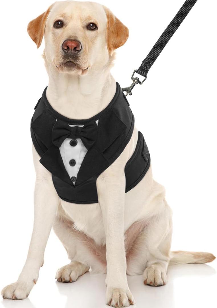 Kuoser Dog Tuxedo for Large Dogs, No-Pull Dog Vest Harness, Soft Breathable Mesh Pet Harness with Bow Tie, Small Medium Dogs Harness for Outdoor Walking Training (Black)