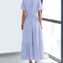 BTFBM Womens Summer 2026 Casual Midi Maxi Dresses Lightweight Short Sleeve V Neck Elastic Waist Boho Beach Dress Pockets (Blue, XXL)