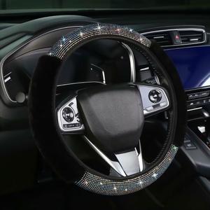 Bling Steering Wheel Cover Black Steering Wheel Accessories, Fluffy Diamond Sparkling Fur Steering Wheel Protector for Women Girls Elastic Steering Wheel Covers Winter Warm Universal Fit 14-15 inch (White)