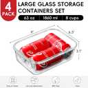 4 Pack 8 Cups/ 63oz Large Glass Storage Containers with Lids, Meal Prep Containers, Glass Food Storage with Airtight Lid for Baking, Leak Proof & Microwave, Oven Safe (4 Containers + 4 Lids)