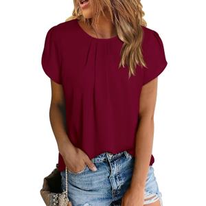 PRETTYGARDEN Women's Tops 2025 Casual Summer Round Neck Short Sleeve Basic Pleated Loose Fit Blouses Plain Tunic Shirts (Medium, Wine Red)