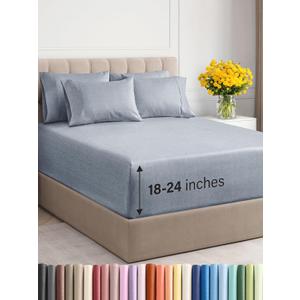 Extra Deep King Sheet Set - 6 Piece Breathable & Cooling Sheets - Hotel Luxury Bedding Set w/18-24 Inch Extra Deep Pockets - Easy Fit - Super Soft, Wrinkle Free and Comfy - Heathered Blue, King Size