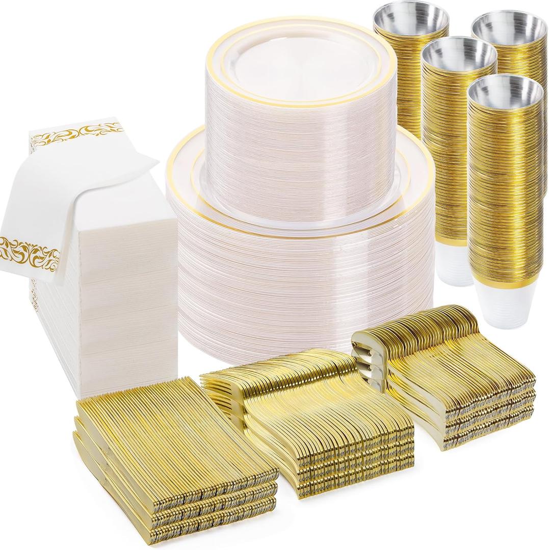 BESTVIP 700PCS Clear Gold Disposable Dinnerware Set for 100 Guests, Plastic Plates for Party, Wedding, Christmas, Include: 200 Plastic Plates, 100 Gold Silverware, 100 Cups, 100 Napkins