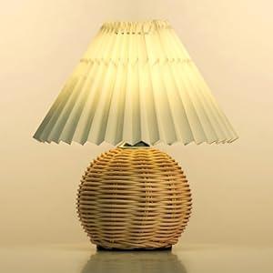 Pleated Table Lamp Bedside Night Lamp, Rattan Base, Fabric Pleated Lampshade, Adjustable Light Color and Brightness, USB Powered, Vintage Style Light for Bedroom Living Room Office (Sphere-Beige)
