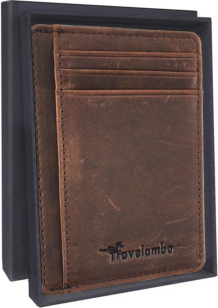 Travelambo Slim Minimalist Genuine Leather Wallet, Front Pocket RFID Blocking Wallet for Men and Women with Gift Box (Crazy Horse Brown)