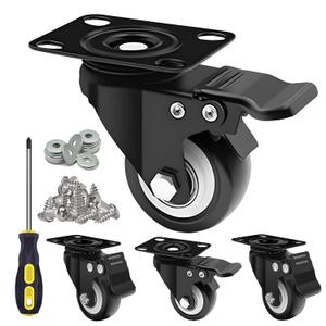 2 Inch Locking Caster Wheels Set of 4 600+ LBS Capacity, Black PU Casters with Dual Brake for Furniture, Cabinets & Light Carts NOT for Heavy Machinery or Industrial Use