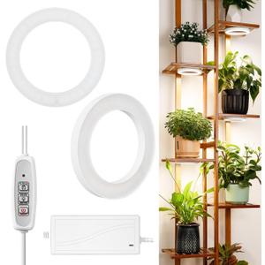 LORDEM 6.3 Ceiling Grow Light for Indoor Plants, 144 LEDs Full Spectrum Halo Grow Lamp, Under Cabinet Plant Lamp with 4/8/12H Auto Timer, 4 Dimmable Brightness Levels, Ideal for Pot Plants, Dual Head