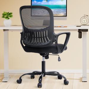 DUMOS Office Desk Chair - Ergonomic Mid Back with Lumbar Support & Rocking Mode, Height Adjustable with Fixed Armrest, Storage Back for Computer, Gaming, Conference, Meeting, 360 Swivel, Black, Pack of 1
