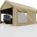 Carport Canopy, 10 x 20ft Garage Tent Shelter Tarp, Heavy-Duty Carport Canopy with Roll-Up Windows & Doors, Removable Sidewalls Car Canopy, Car Tent Waterproof for Cars, Boats, Trucks (Khaki)