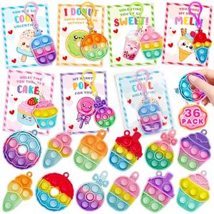 Jumlys Valentines Day Cards for Kids School, 34 Pack Dessert Pop Fidget Keychains Bulk, Valentine Day Party Favors for Boys Girls, Ideal Exchange Cards for Classroom