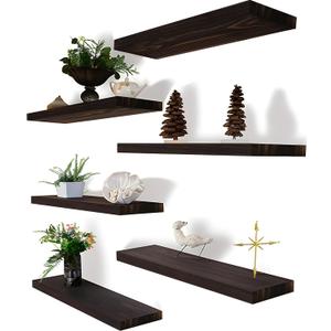 Brown Wood Floating Shelves for Wall Rustic Wall Shelf for Bedroom Living Room Set of 6