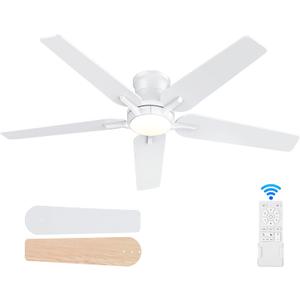 52 Inch White Ceiling Fans with Lights and Remote, Flush Mount Low Profile Ceiling Fan for Bedroom, Living Room, Patio, Dimmable 6 Speeds Noiseless Reversible