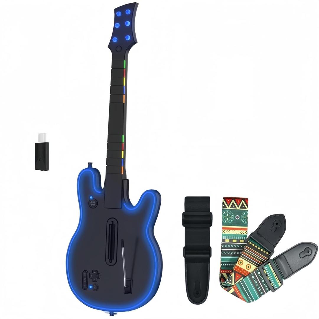 Lyvix Guitar Hero Controller for PS4/PS3/PC, Wireless Rechargeable Game Controller Compatible with Guitar Hero, Clone Hero, Rock Band, Fortnite Festival, with Replaceable Straps, RGB Light, Audio Jack (Black)