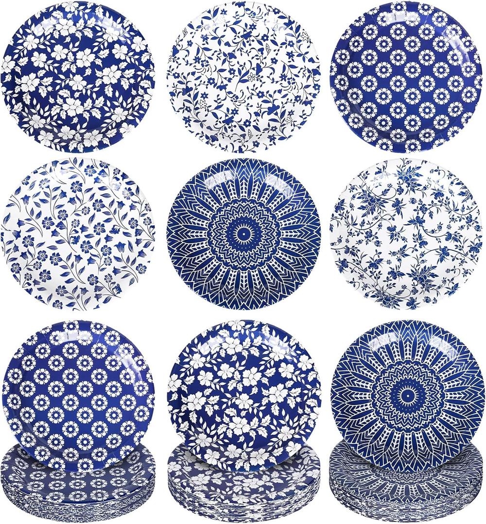 FYSUIMU 60 Pcs Blue White Flower Paper Plates Chinoiserie Floral Pattern Disposable Plates 9 Inch Party Tableware for Wedding Birthday Picnic Table Decor Supplies, 6 Designs