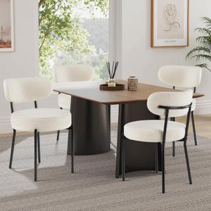 Sweetcrispy Dining Chairs Set of 4, Boucle Upholstered Modern Mid Century Round Kitchen Chairs with Curved Backrest & Metal Legs for Vanity, Living Room , Beige