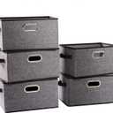 PRANDOM Fodable Storage Baskets for Closet [5-Pack] Decorative Fabric Storage Bins Cubes with Leather/Metal Handles for Shelves Bedroom Living Room Grey (11.5x8.5x6.7 Inch) (Grey&black Trim)
