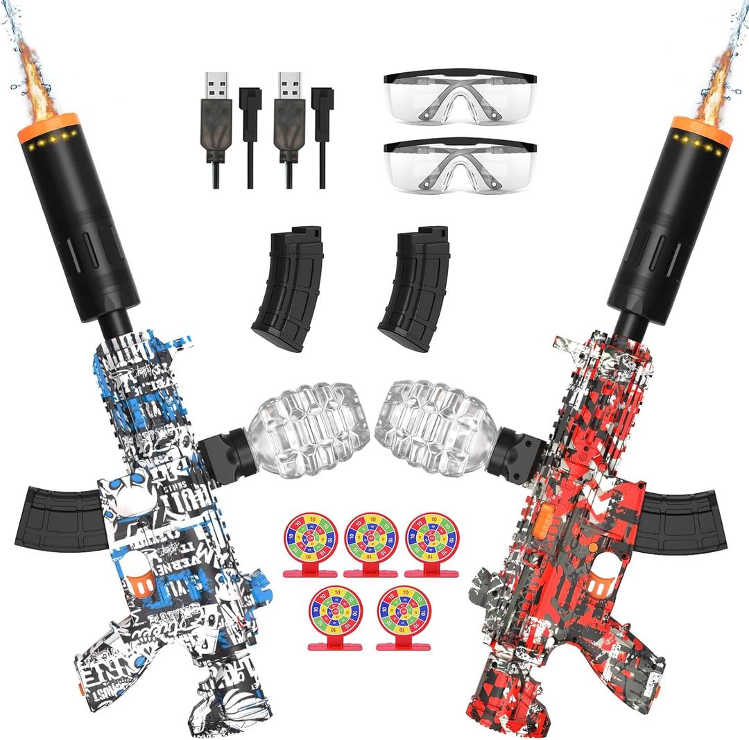 2 Pack Splatter Blasters, Electric Auto Splat Blaster - LED Light Up, 20000+, 600 Hopper, Outdoor Team Play Game Activities, Rechargeable Battery, Age 12+ Year Up (Red+White)