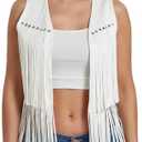 ensswliz Women Fringe Vest 70s Hippie Costume Sleeveless Rivets Tassel Open Front Faux Suede Waistcoat Western Vest, XL