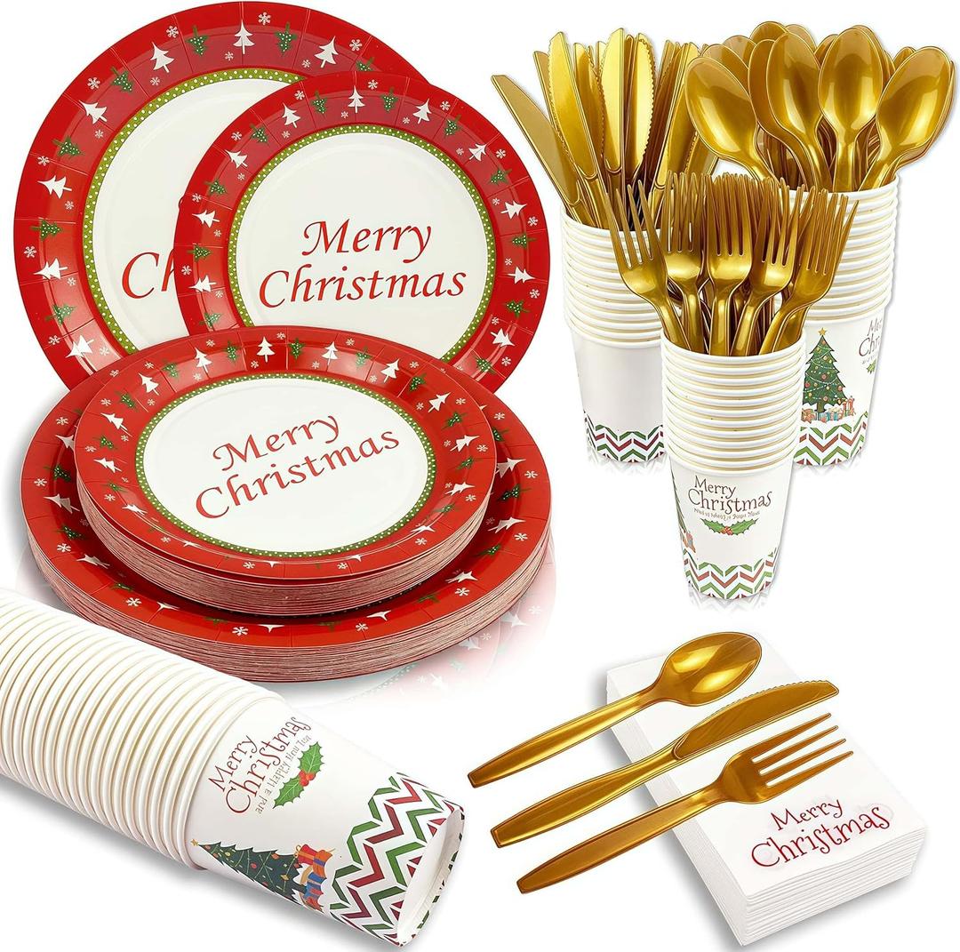 200 Pcs Merry Christmas Disposable Dinnerware Set for 25 Guests Christmas Paper Plates (7"& 9"), Paper Cups, Napkins, Plastic Cutlery for Xmas Winter Holiday Dinner Party Celebrations
