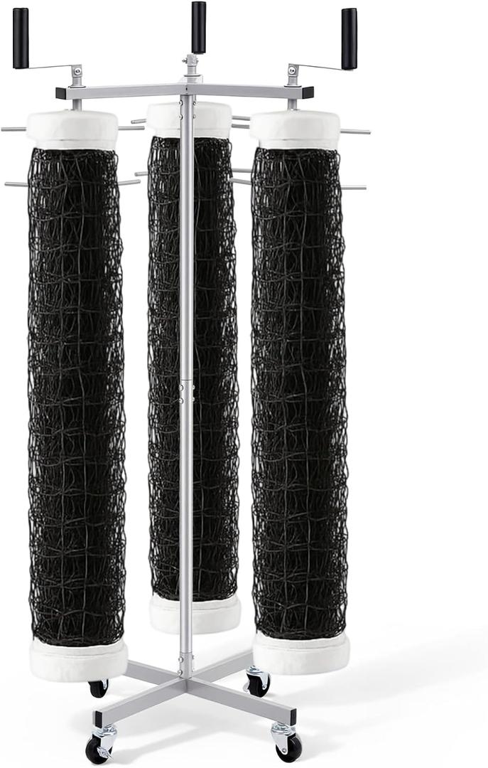Duraaamo Volleyball Net Storage Rack for 3 Standard Nets, Movable Net Holder with Wheels, Multi-sport Equipment Organizer for Volleyball Badminton Tennis, Untangled Design Vertical Rack for School Gym, 51.97 x 20 x 20"