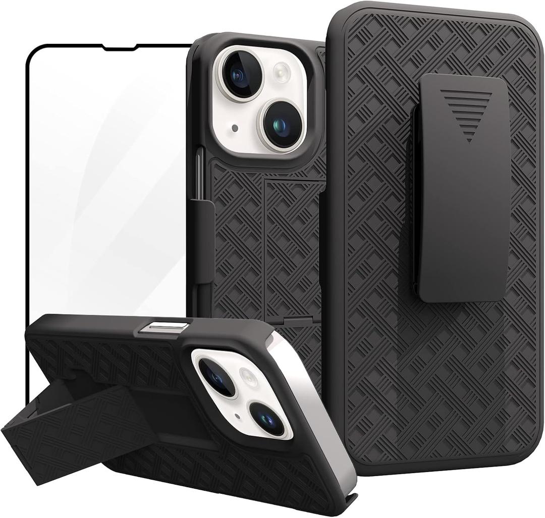Ailiber Compatible for iPhone 14 Case, iPhone 13 Phone Case Holster with Screen Protector, Swivel Belt Clip, Kickstand Holder, Slim Shockproof Shell Slide Phone Cover for iPhone 14 6.1 inch -Black