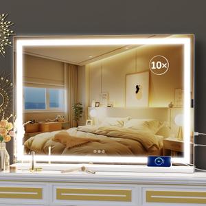 Makeup Vanity Mirror with USB Charging Port 28" x 22" Large LED Makeup Mirror, Desk Mirorr with Lights, Light up Mirror with 10X Magnification and, Dimmable 3 Modes, Touch Control White (22"L x 28"W, Square White Led)