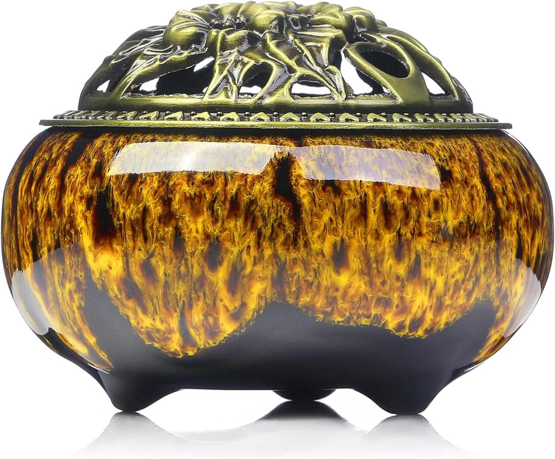 Incense Burner with Calabash Incense Stick Holder - Porcelain Charcoal Censer for Use with Resin Granular Powder Cone or Coil Incense (Kiln-Colored Yellow)