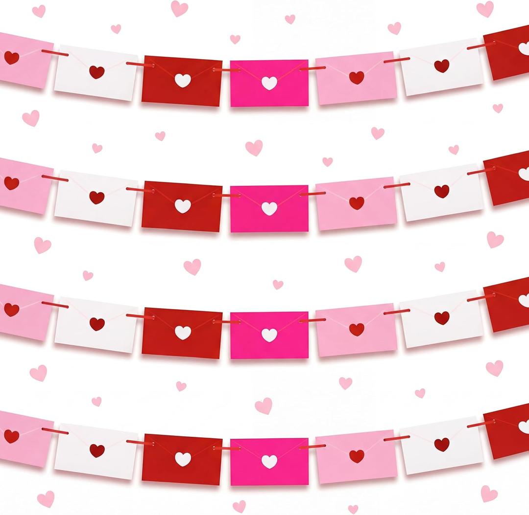 Harloon 61 Pcs 33ft Valentines Day Envelope Decoration Banner Galentine Love Letter Heart Garland Red Pink White Heart Envelopes Decoration for Home Door Wall School Office Dinner Party Supplies