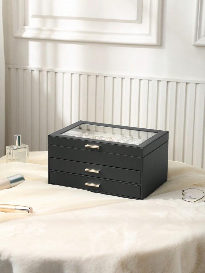 Clear Lid Jewelry Box, 3 Layers Jewelry Organizer Large Multi-Functional Jewelry Storage Box With 2 Drawers, Jewelry Display Case Of Rings Earrings Necklace For Women Girls