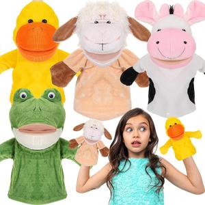 RoundFunny 4 Pcs Hand Puppet Animal with Working Mouth 9.8 Inch Animal Puppet Soft Plush Toy for Storytelling Theater Preschool Birthday Gifts(Cow, Frog, Duck, Sheep)