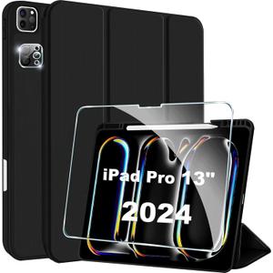 Protective Case for New iPad Pro 13 Inch (M5) 2025, Soft TPU Silicone Anti-Scratch Anti-Drop with Pencil Holder (Case+ Screen Protector+Camera Lens Protector) Black