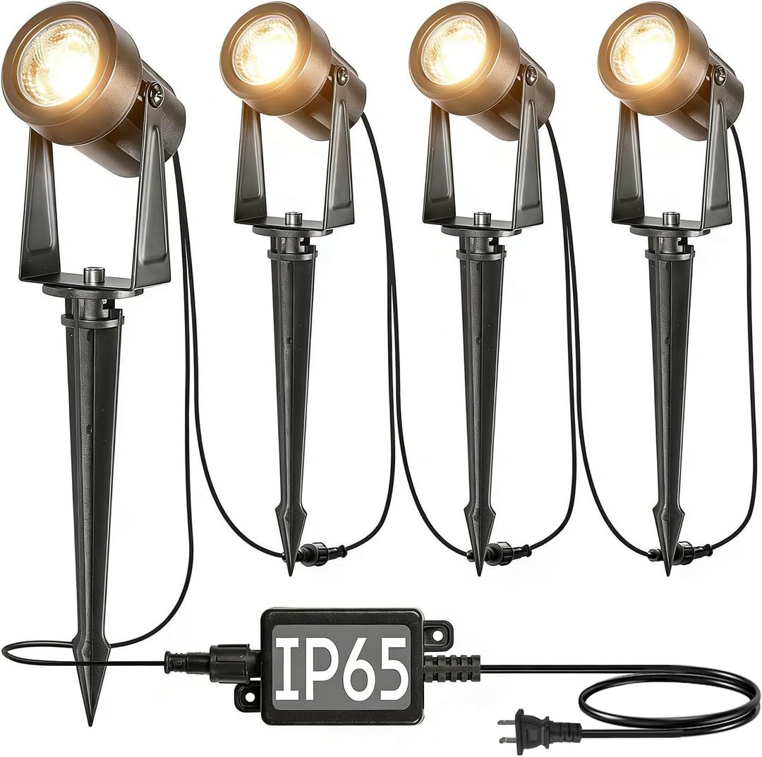 SUNTHIN Outdoor Landscape Lighting, 4 Pack Outdoor Spot Lights with Transformer for Yard, Plant, Lawn, Tree, Flags, House, Garden, Fence Use, IP65 Waterproof & Connectable (Warm White)