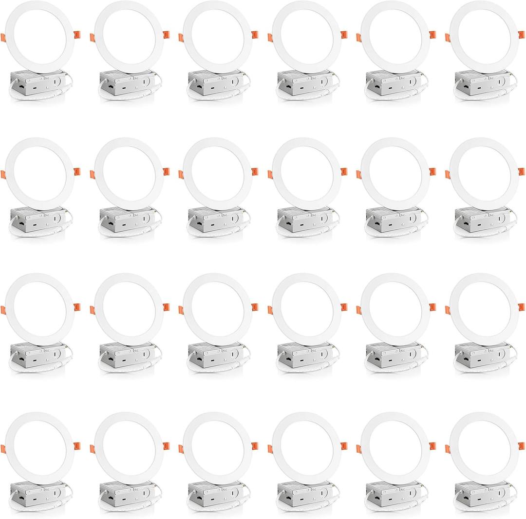 Meconard 24 Pack 6 Inch 5CCT Ultra-Thin LED Recessed Ceiling Light with Junction Box, 2700K/3000K/3500K/4000K/5000K Selectable, 1050LM Brightness Dimmable Canless Wafer Downlight, 12W Eqv 110W-ETL&FCC