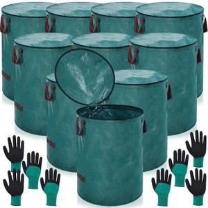 10 Pcs 72 Gallons Yard Waste Bags with Lid and 4 Pairs Gardening Coated Gloves Leaf Bags (h30" x D26") 4 Handles Large Waste Container for Lawn Yard Weed Leaf