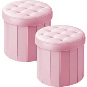Bsketa Ottoman with Storage, Foot Rest Stool with Thicker Foam Padded Seat Velvet Small Round 14“ x 14” x 13 "Inchs Storage Ottoman Bench for Living Room Foldable Pouf Coffee Table 2 Pack, Pink