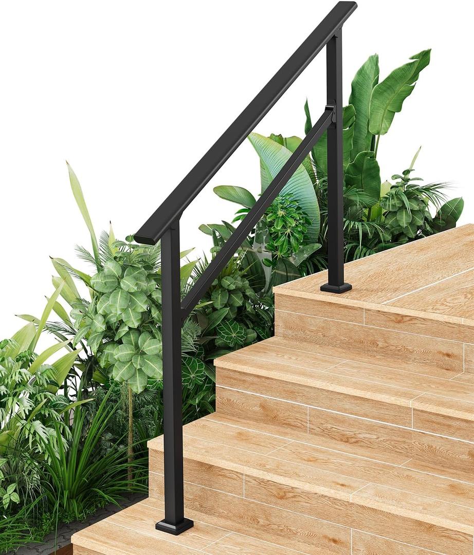 Hand Rails for Outdoor Steps, Metal Stair Railing Handrail, 4 Steps, Black