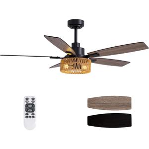 LuminFan 52 Inch Boho Black Rattan Ceiling Fans with Lights and Remote Control, Farmhouse Caged Rattan Ceiling Fan for Dining Room, Bedroom, Living Room and Patio, Indoor/Outdoor