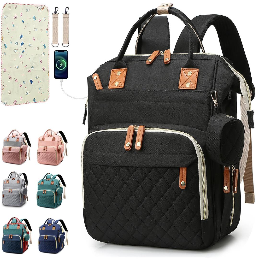 SHITIESHOU Diaper Bag Backpack Baby Bag, Baby Girl Boy Diaper Bag for Dad Mom with Pad, 16 Pockets, Pacifier Case, Large Diaper Bags Unisex for Travel (Black)