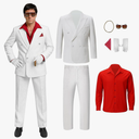 Men White Gangster Suit Costume Shirt Jacket Pants Halloween Cosplay Outfit with Glasses Gloves Necklace XXL