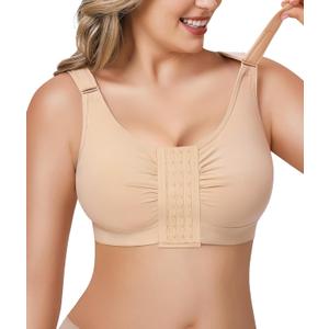 BRABIC Post Surgery Front Closure Bras for Women Full Coverage Compression Mastectomy Wireless Bra with Adjustable Straps (3X-Large, Beige)