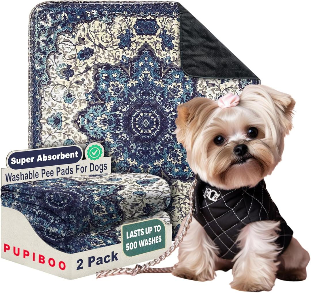 PUPIBOO Washable Pee Pads for Dogs and Cats - Super Absorbent Reusable Puppy Training Pads - 100% Waterproof, Leak-Proof & Non-Slip Whelping Pads for Pet Housebreaking (22 x 22 Inch (Pack of 2), Blue Medallion)