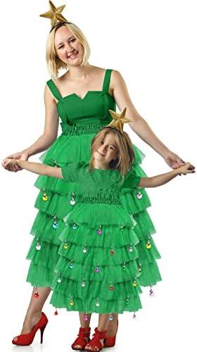Hillban 23 Pcs Christmas Tree Costume Set Festive Party Dress Outfit Tulle Skirts Star Headband Beard Ornaments for Women 7-8