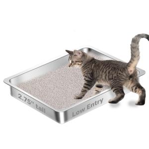 Amibud Low Entry Stainless Steel Cat Litter Box for Kittens, Metal Kitty Shallow Litter Box, Easy Access Kitty Litter Pan Tray, Easy Cleaning -17.72'' Lx 13.78'' W x 2.76'' H
