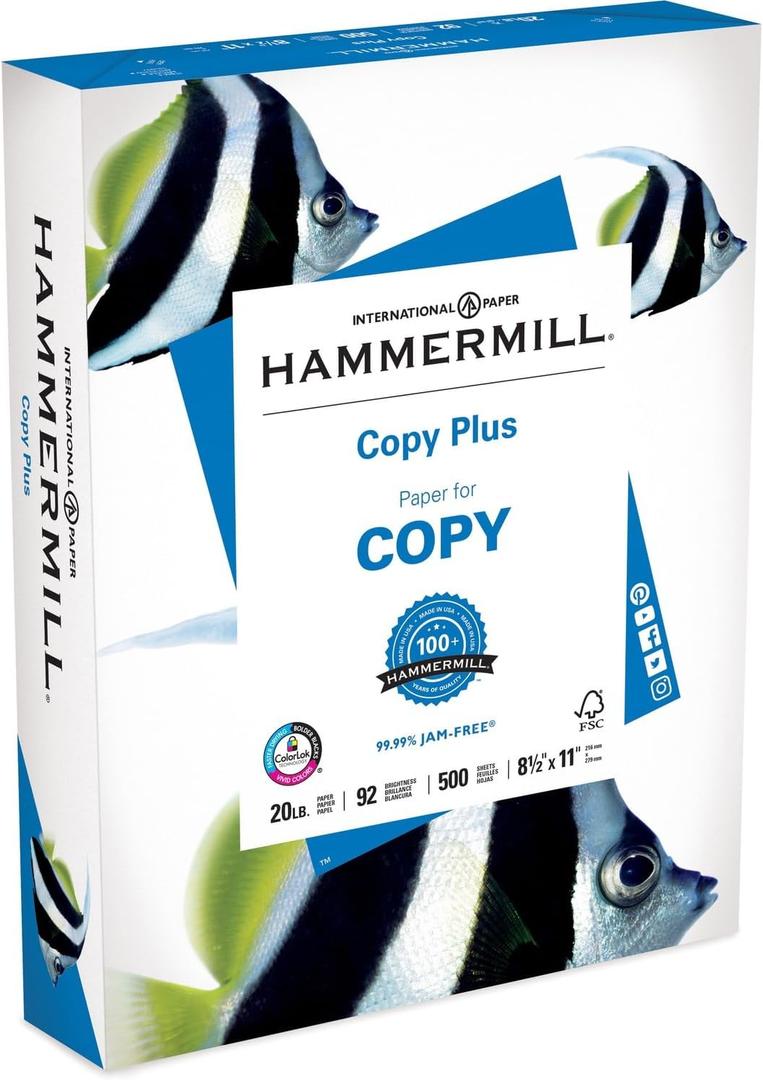Hammermill Printer Paper, 20 lb Copy Plus, 8.5 x 11-1 Ream (500 Sheets) - 92 Bright, 105007R